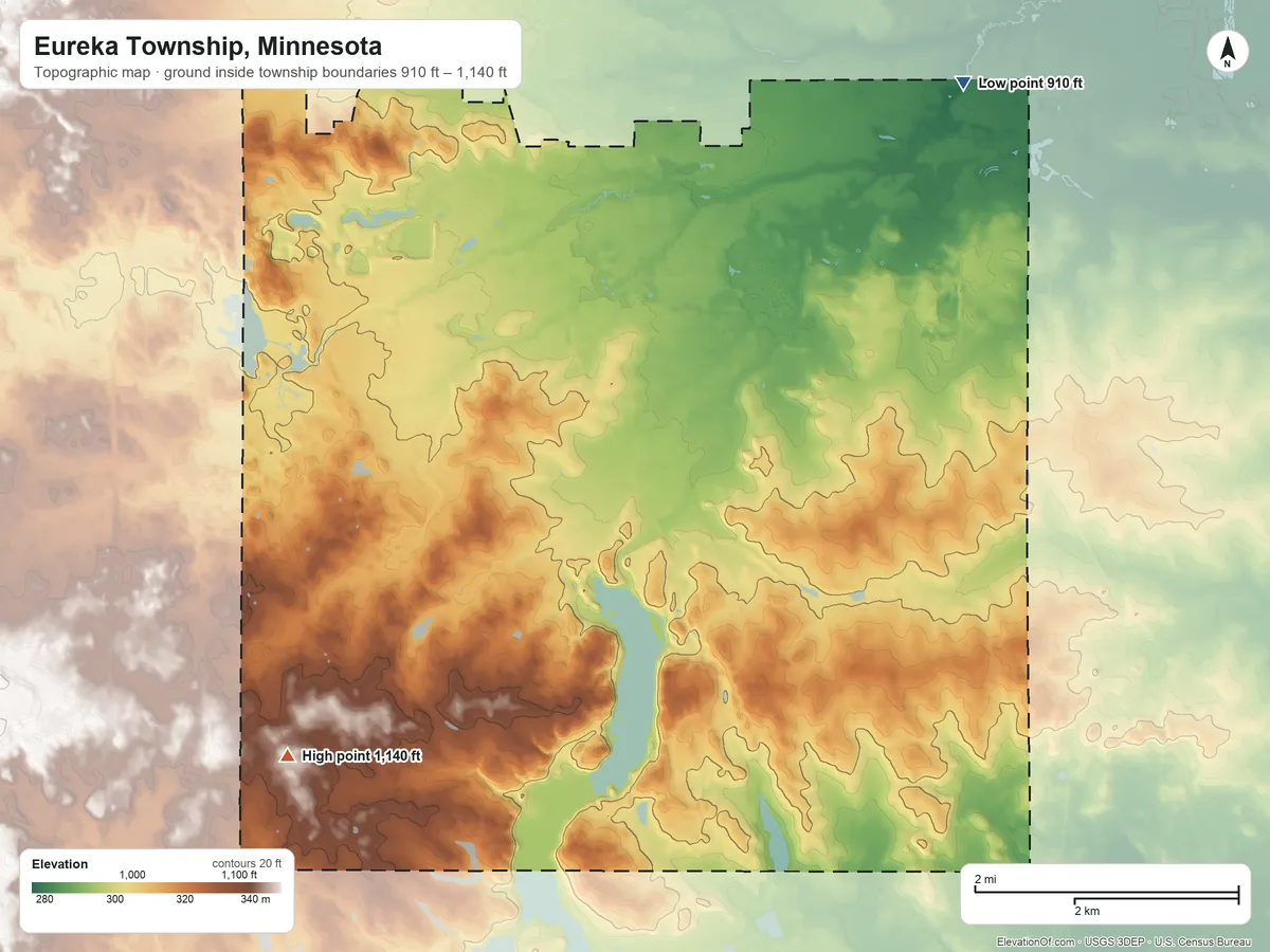 Topographic elevation map of Eureka Township, Minnesota, shaded from 910 ft on the northeast side to 1,140 ft on the southwest side