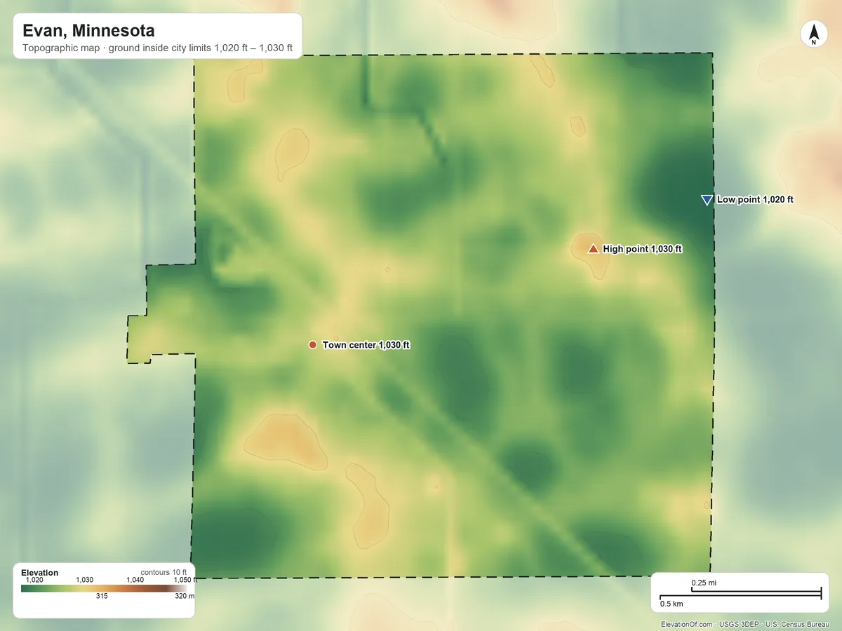 Topographic elevation map of Evan, Minnesota, shaded from 1,020 ft on the east side to 1,030 ft on the east side