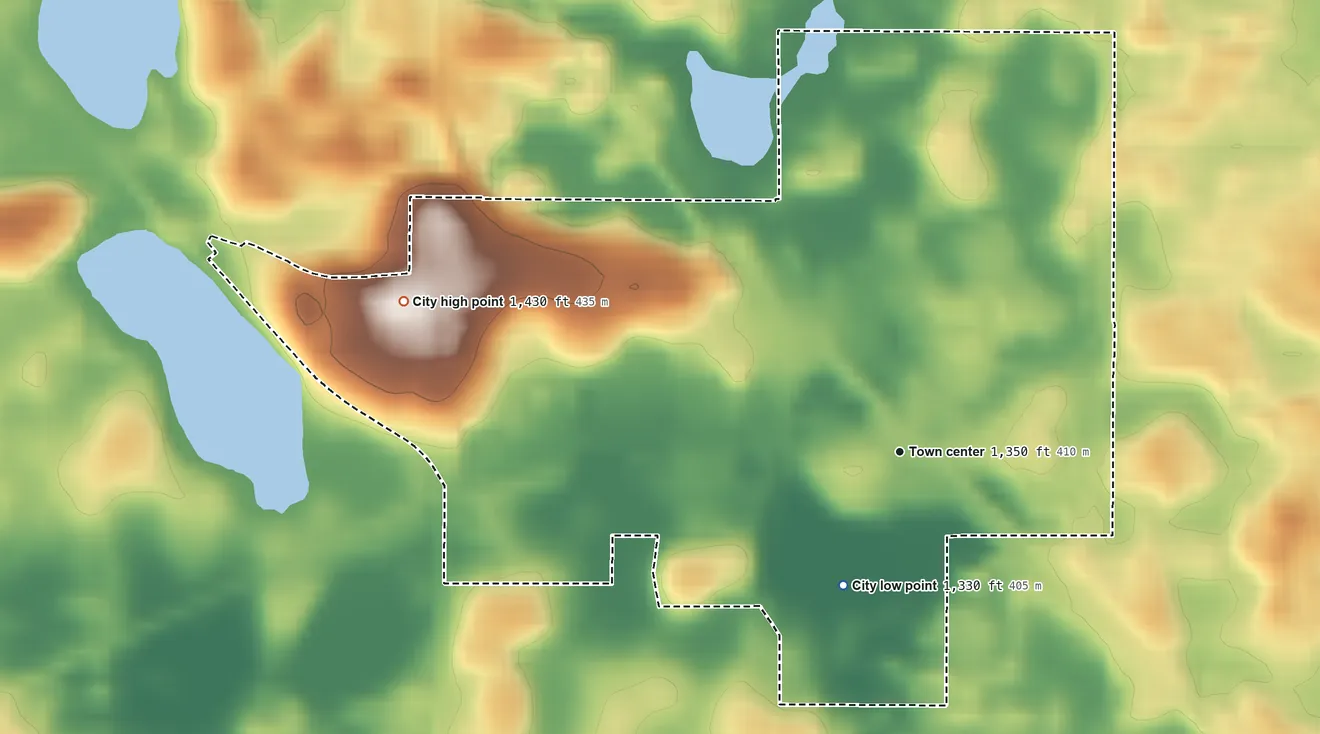 Topographic elevation map of Evansville, Minnesota, shaded from 1,330 ft on the southwest side to 1,430 ft on the west side