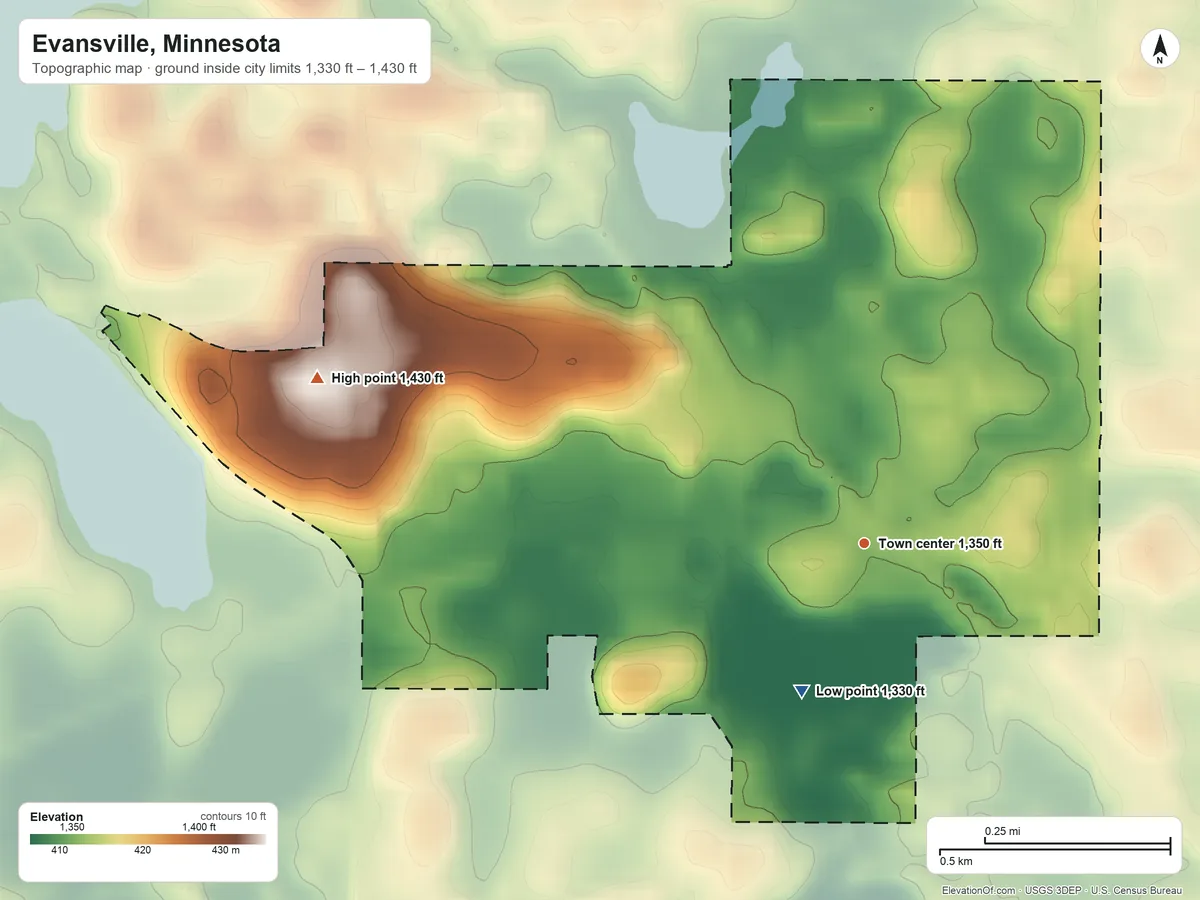 Topographic elevation map of Evansville, Minnesota, shaded from 1,330 ft on the southwest side to 1,430 ft on the west side
