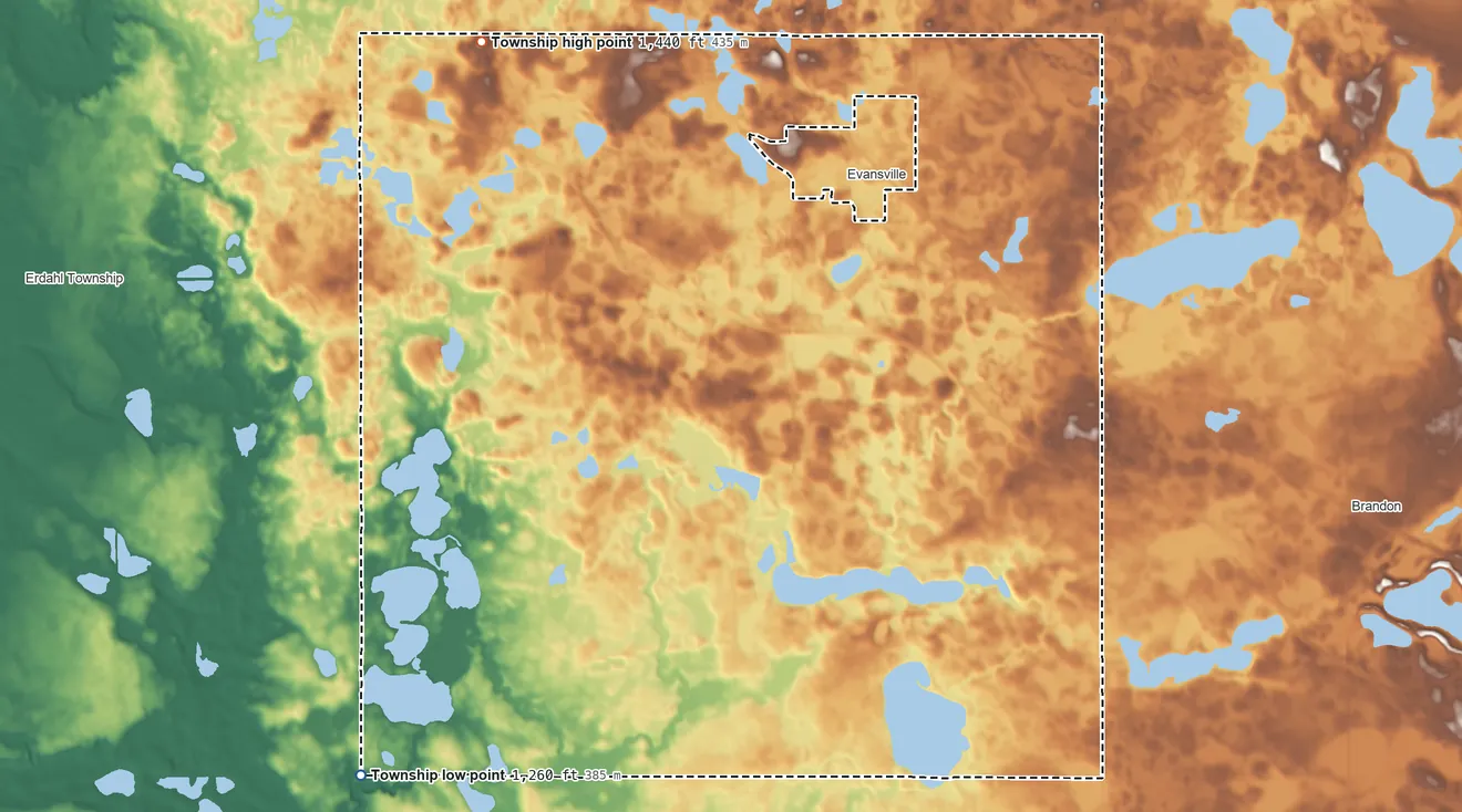 Topographic elevation map of Evansville Township, Minnesota, shaded from 1,260 ft on the southwest side to 1,440 ft on the northwest side