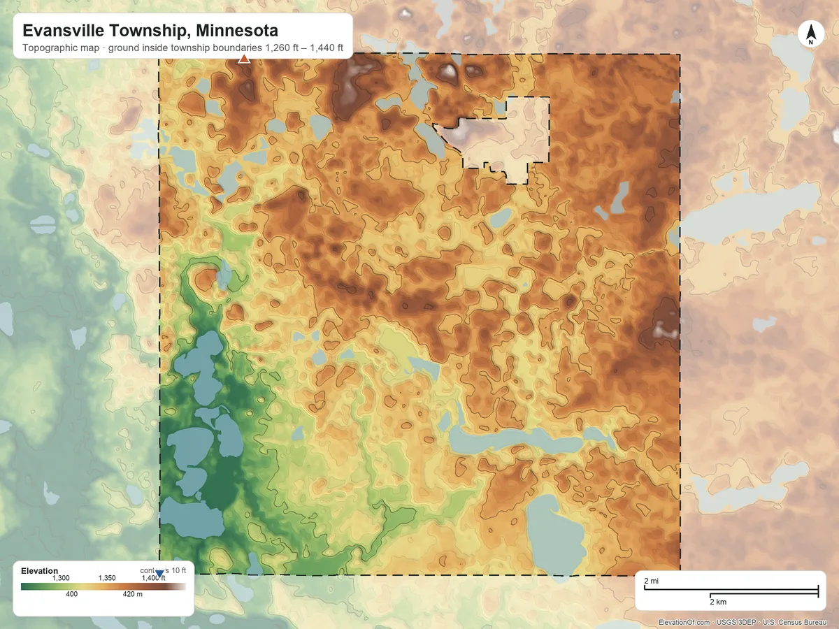 Topographic elevation map of Evansville Township, Minnesota, shaded from 1,260 ft on the southwest side to 1,440 ft on the northwest side