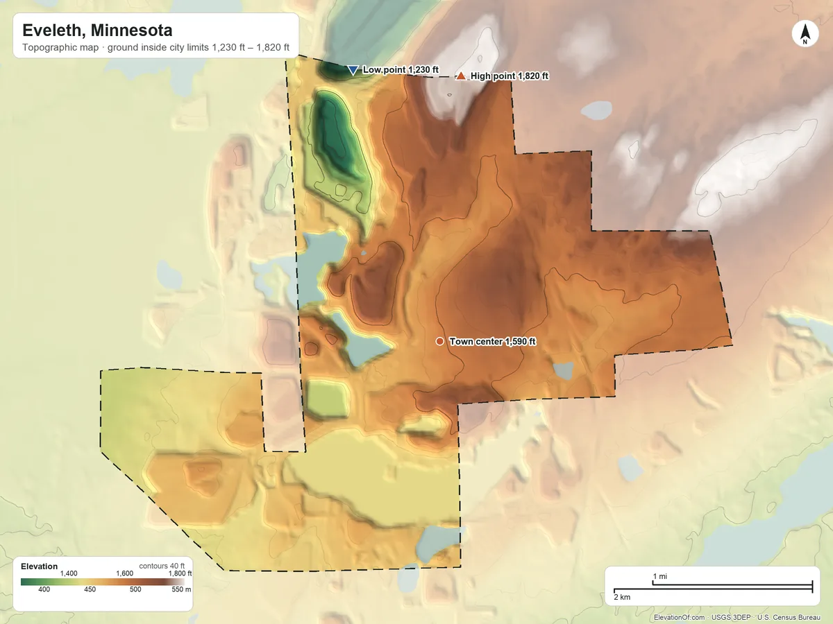 Topographic elevation map of Eveleth, Minnesota, shaded from 1,230 ft on the north side to 1,820 ft on the north side