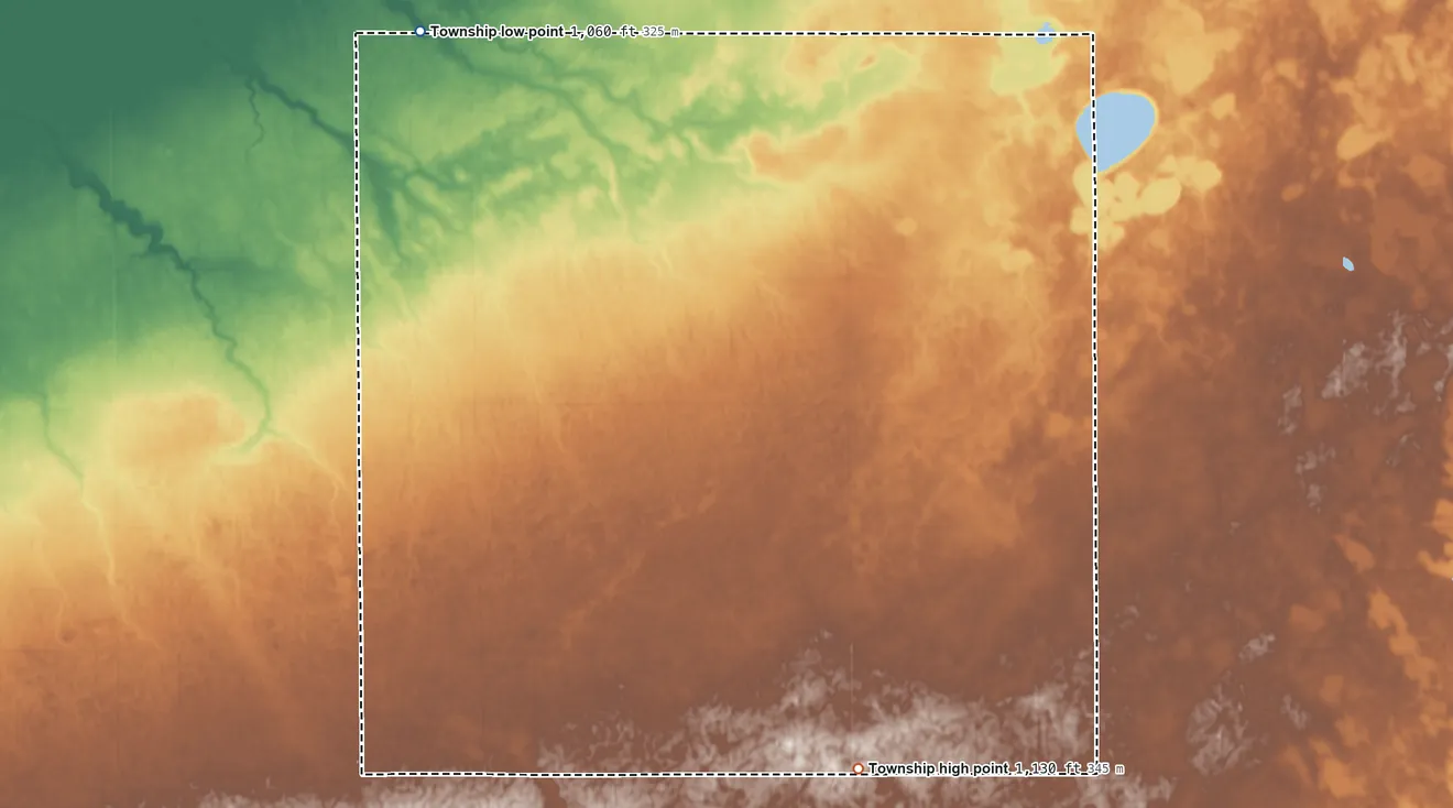 Topographic elevation map of Everglade Township, Minnesota, shaded from 1,060 ft on the northwest side to 1,130 ft on the south side