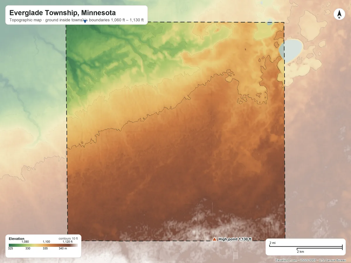 Topographic elevation map of Everglade Township, Minnesota, shaded from 1,060 ft on the northwest side to 1,130 ft on the south side