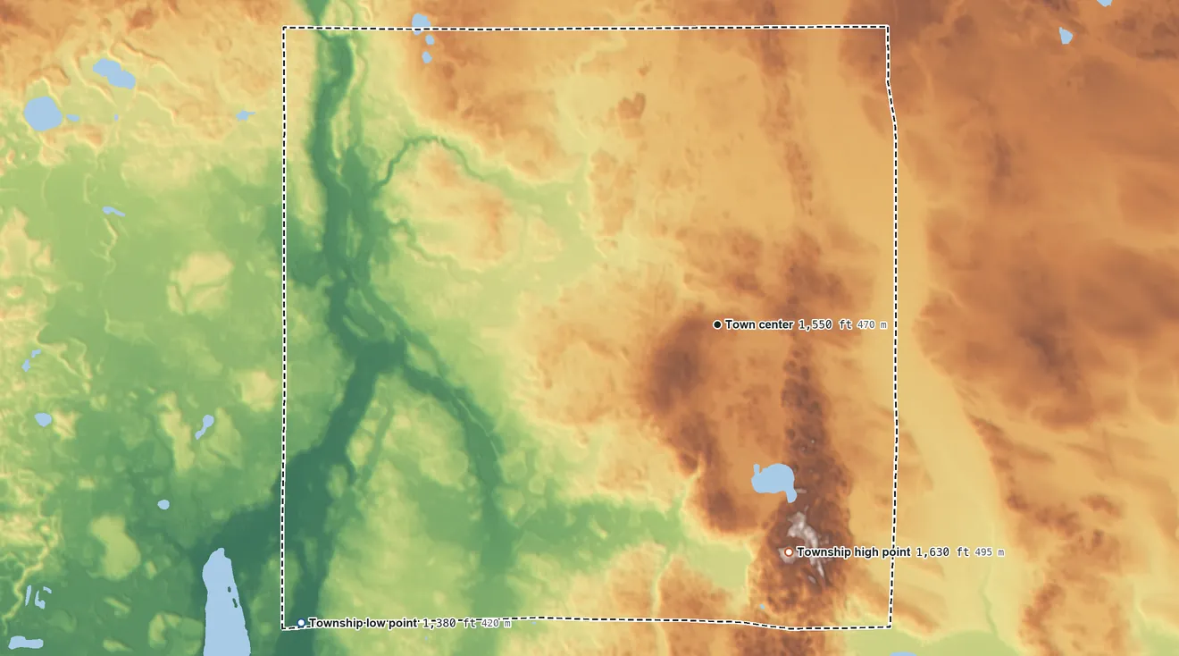 Topographic elevation map of Evergreen Township, Minnesota, shaded from 1,380 ft on the southwest side to 1,630 ft on the south side