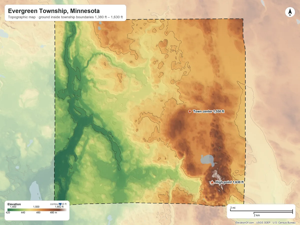 Topographic elevation map of Evergreen Township, Minnesota, shaded from 1,380 ft on the southwest side to 1,630 ft on the south side