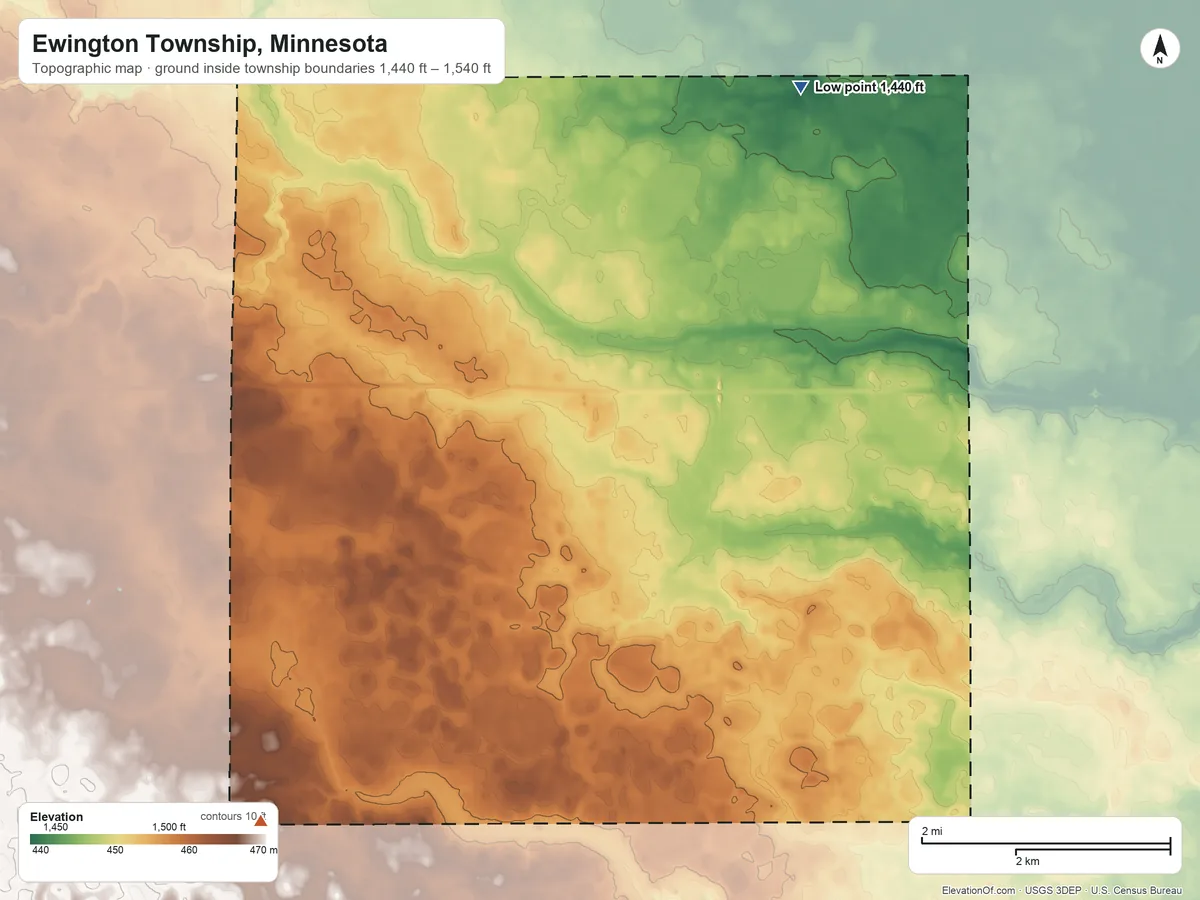 Topographic elevation map of Ewington Township, Minnesota, shaded from 1,440 ft on the northeast side to 1,540 ft on the southwest side