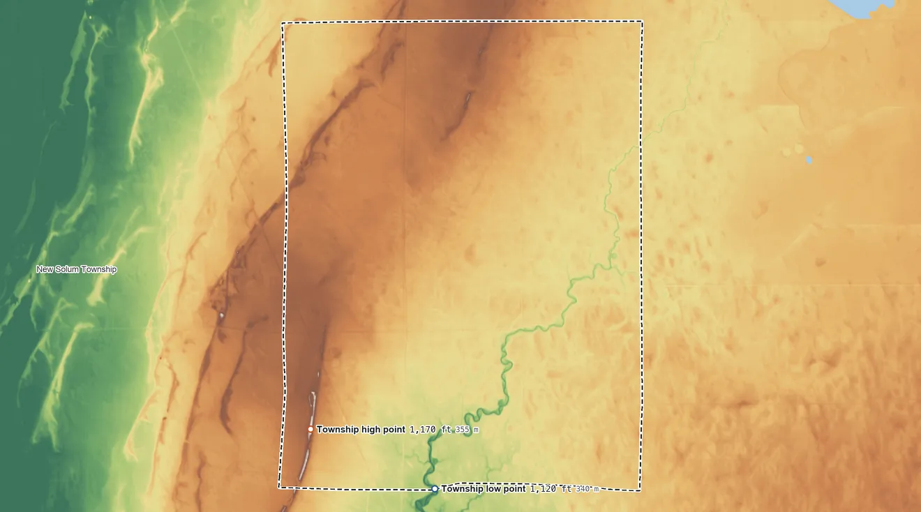 Topographic elevation map of Excel Township, Minnesota, shaded from 1,120 ft on the south side to 1,170 ft on the southwest side