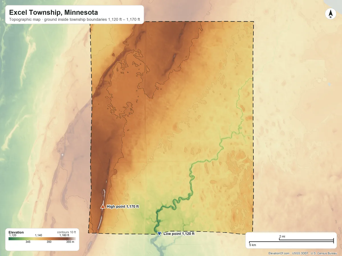 Topographic elevation map of Excel Township, Minnesota, shaded from 1,120 ft on the south side to 1,170 ft on the southwest side