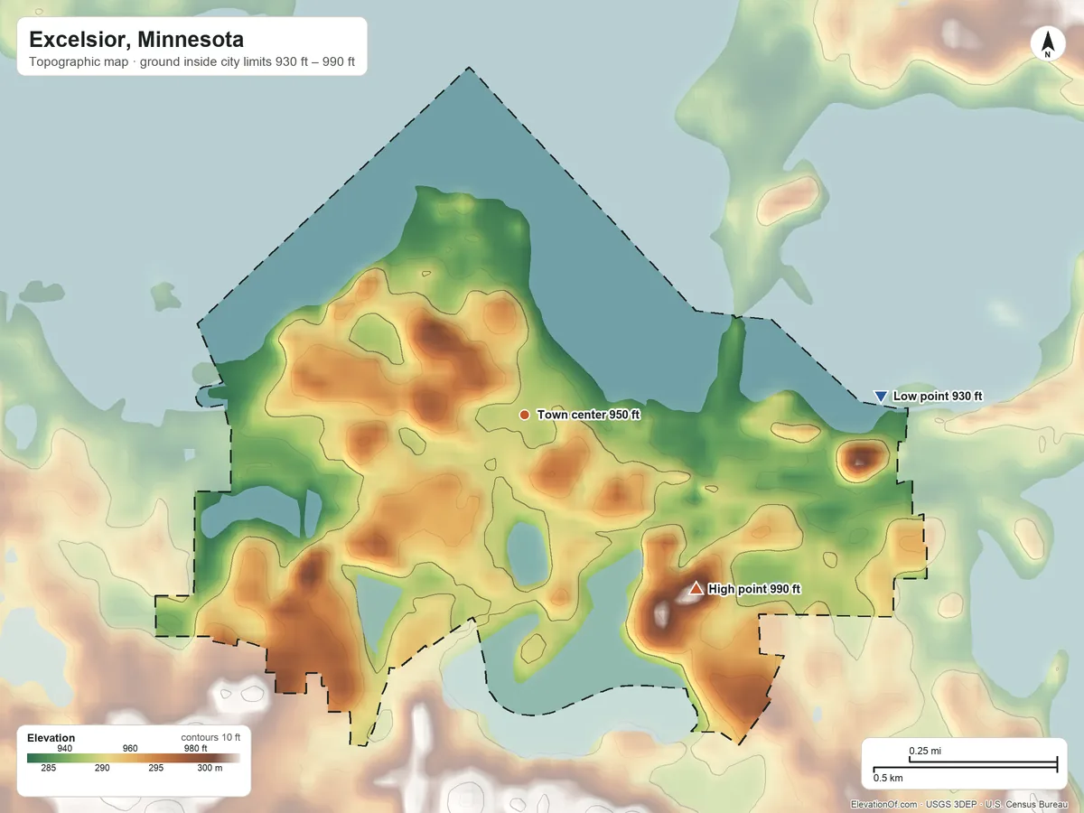 Topographic elevation map of Excelsior, Minnesota, shaded from 930 ft on the east side to 990 ft on the southeast side
