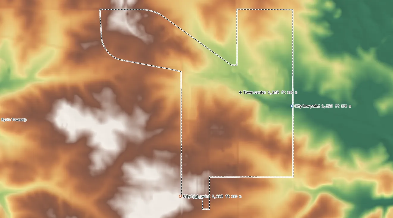 Topographic elevation map of Eyota, Minnesota, shaded from 1,220 ft on the east side to 1,290 ft on the southwest side