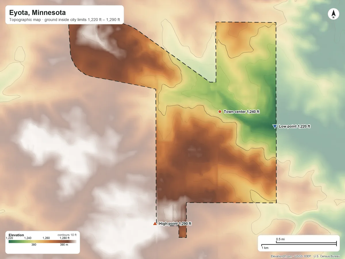 Topographic elevation map of Eyota, Minnesota, shaded from 1,220 ft on the east side to 1,290 ft on the southwest side