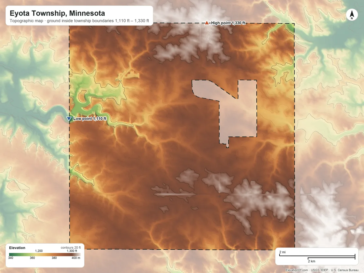 Topographic elevation map of Eyota Township, Minnesota, shaded from 1,110 ft on the west side to 1,330 ft on the northeast side