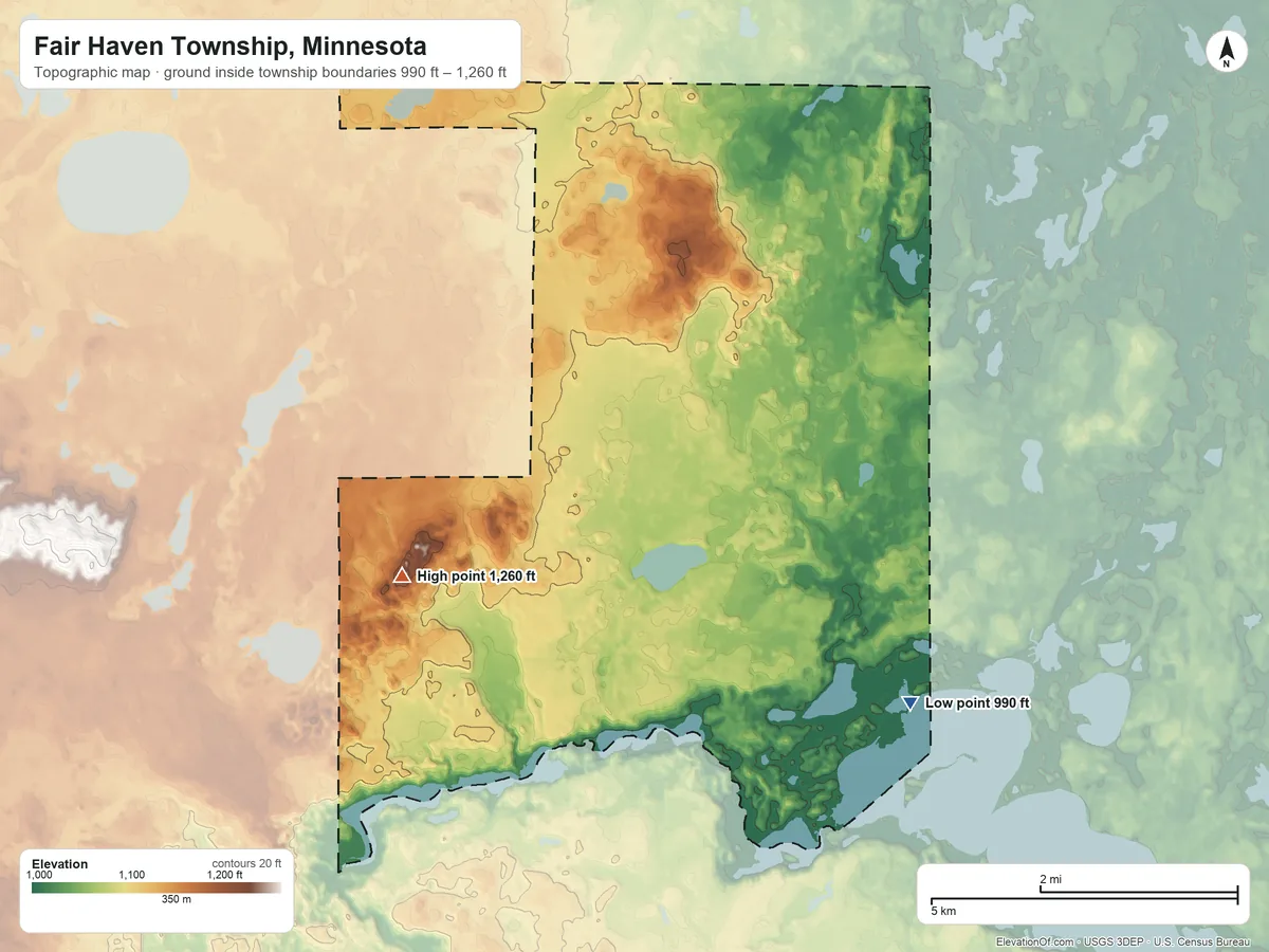 Topographic elevation map of Fair Haven Township, Minnesota, shaded from 990 ft on the southeast side to 1,260 ft on the west side