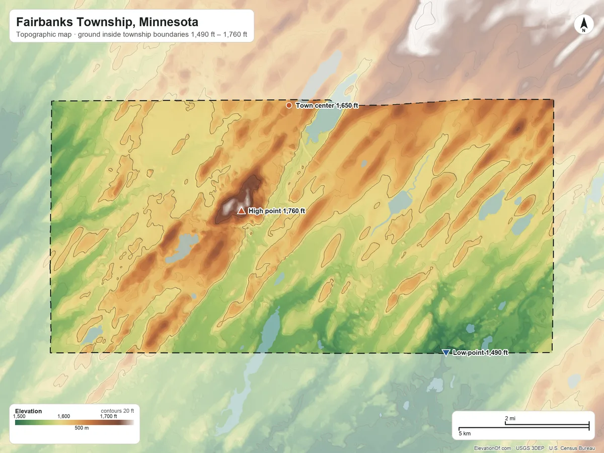 Topographic elevation map of Fairbanks Township, Minnesota, shaded from 1,490 ft on the southeast side to 1,760 ft on the southwest side