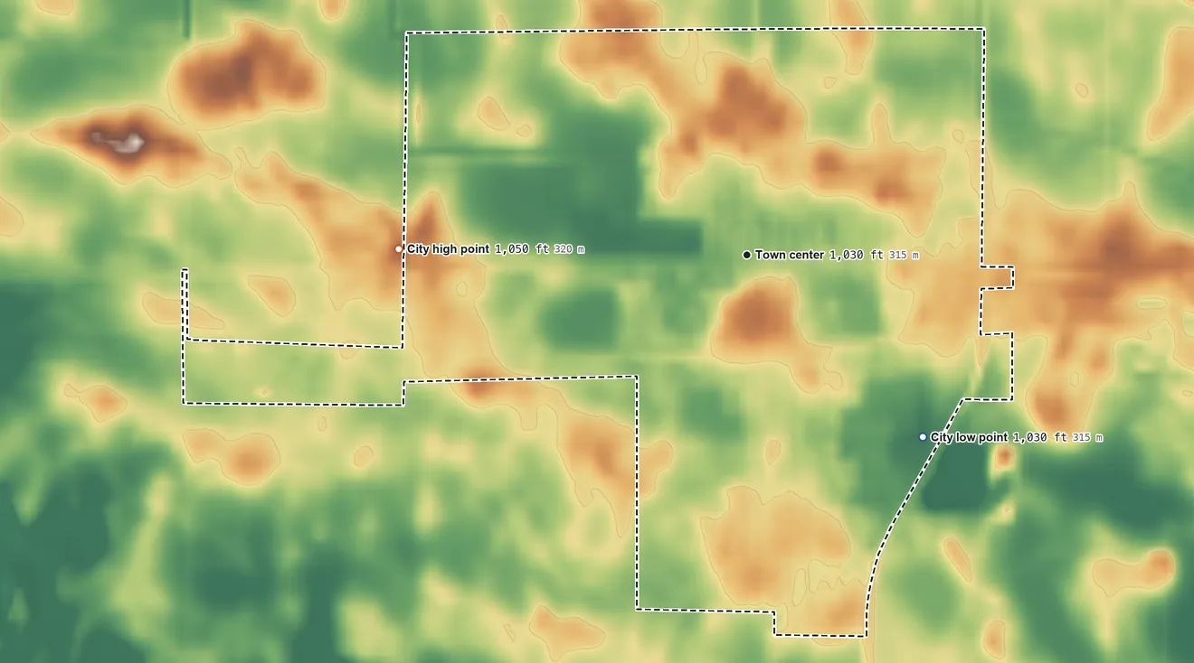 Topographic elevation map of Fairfax, Minnesota, shaded from 1,030 ft on the southeast side to 1,050 ft on the west side