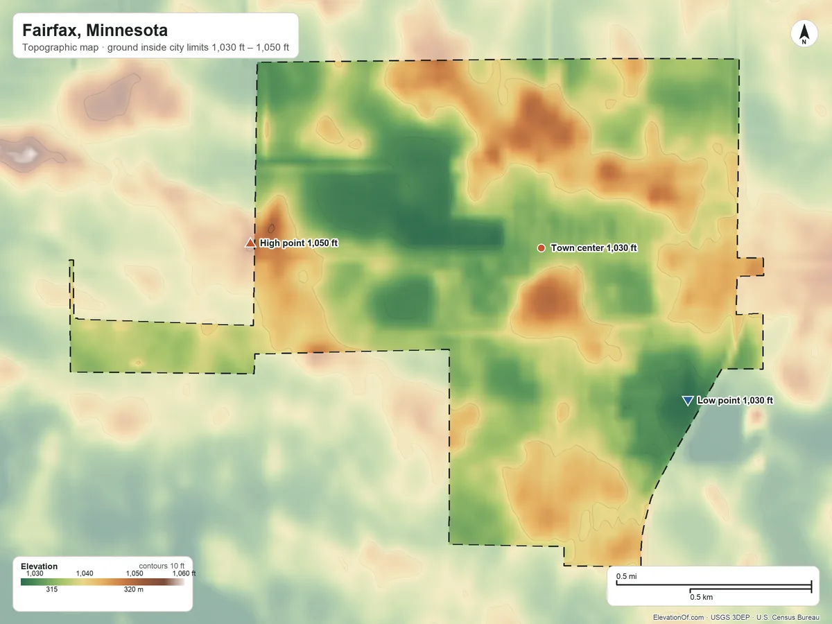 Topographic elevation map of Fairfax, Minnesota, shaded from 1,030 ft on the southeast side to 1,050 ft on the west side
