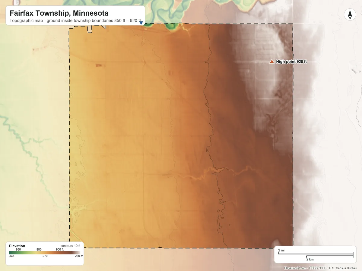 Topographic elevation map of Fairfax Township, Minnesota, shaded from 850 ft on the north side to 920 ft on the northeast side