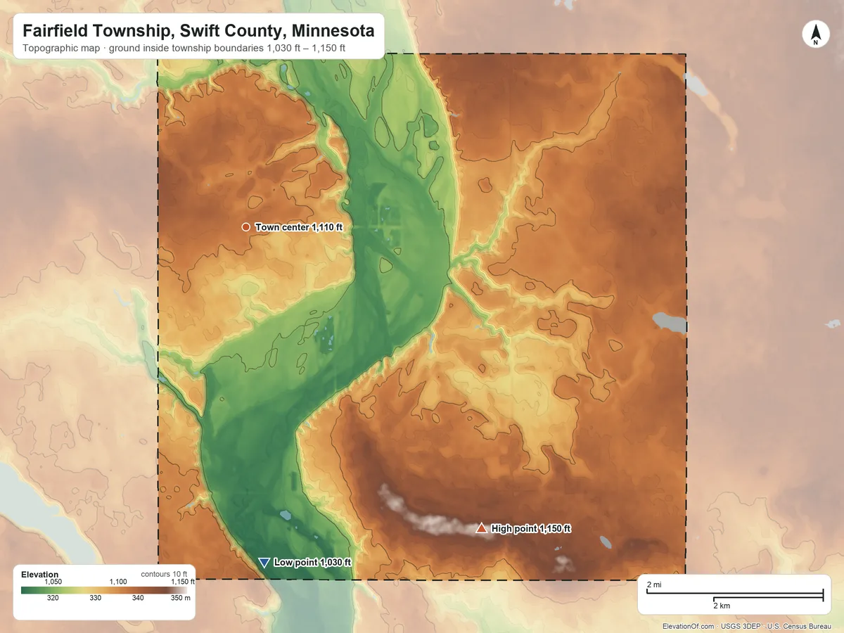 Topographic elevation map of Fairfield Township, Swift County, Minnesota, shaded from 1,030 ft on the south side to 1,150 ft on the southeast side