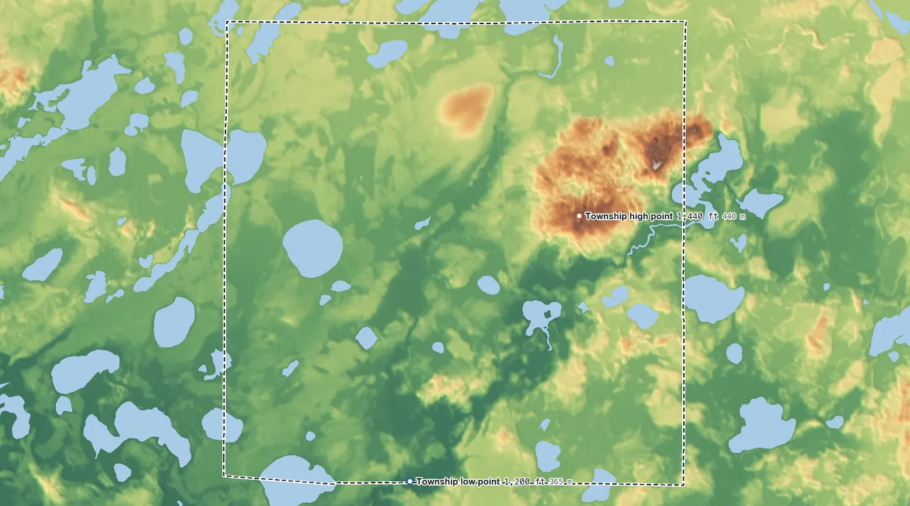 Topographic elevation map of Fairfield Township, Minnesota, shaded from 1,200 ft on the south side to 1,440 ft on the east side