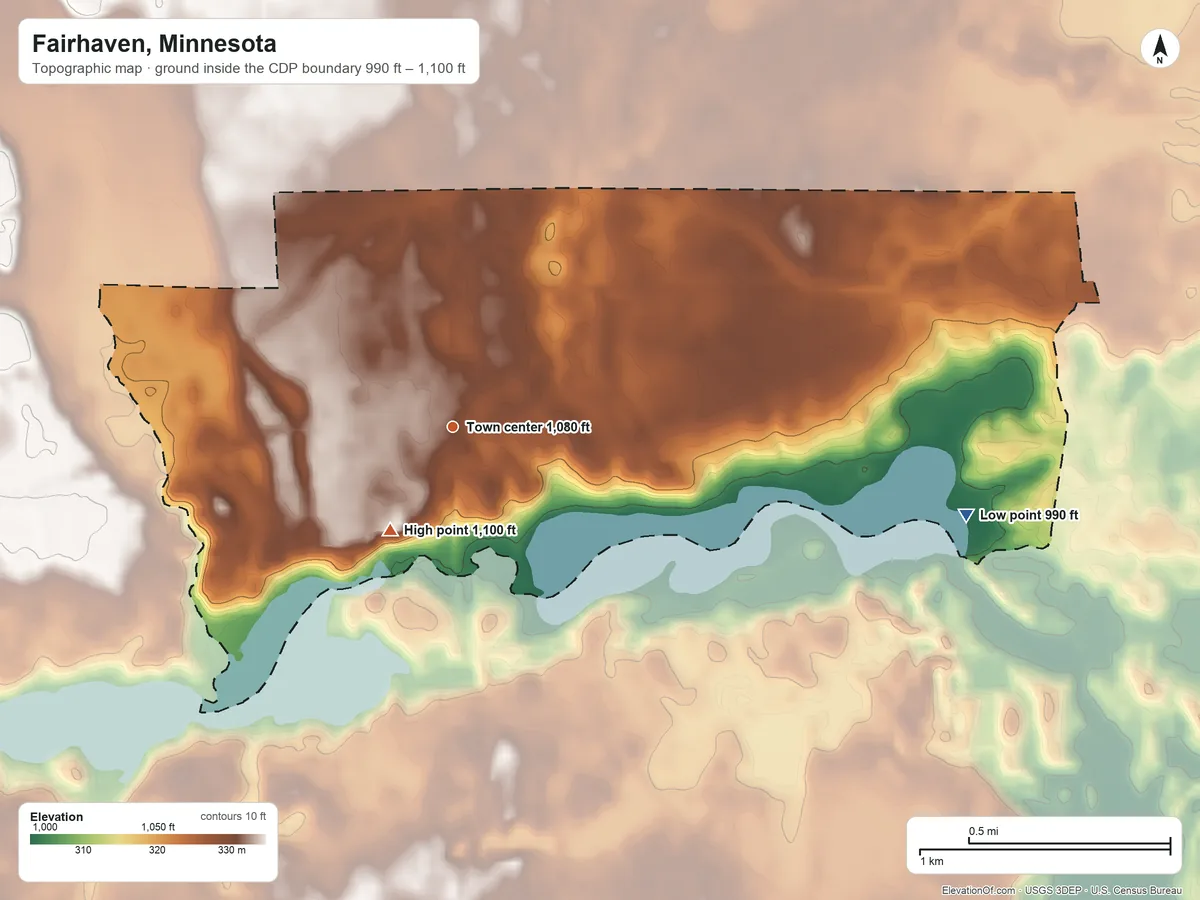 Topographic elevation map of Fairhaven, Minnesota, shaded from 990 ft on the east side to 1,100 ft on the southwest side