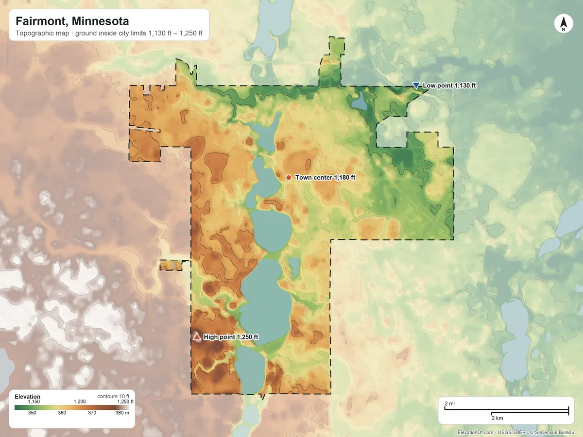 Topographic elevation map of Fairmont, Minnesota, shaded from 1,130 ft on the northeast side to 1,250 ft on the southwest side