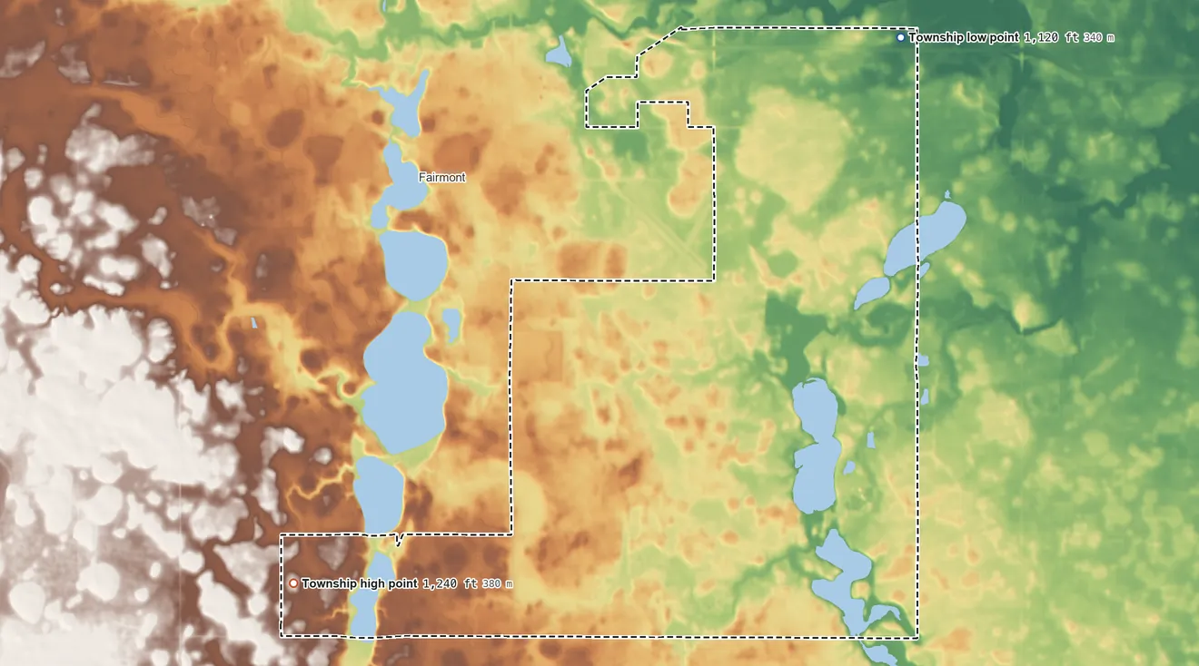 Topographic elevation map of Fairmont Township, Minnesota, shaded from 1,120 ft on the northeast side to 1,240 ft on the west side