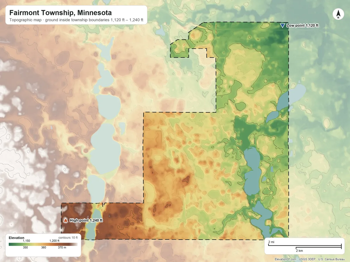 Topographic elevation map of Fairmont Township, Minnesota, shaded from 1,120 ft on the northeast side to 1,240 ft on the west side