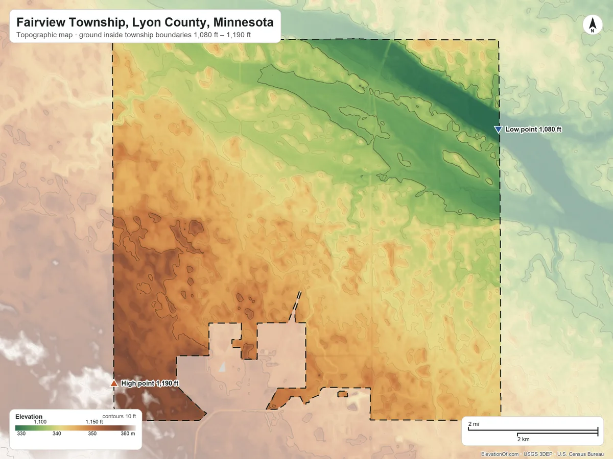 Topographic elevation map of Fairview Township, Lyon County, Minnesota, shaded from 1,080 ft on the northeast side to 1,190 ft on the southwest side
