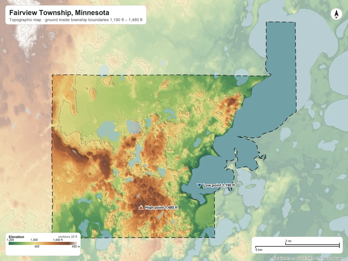 Topographic elevation map of Fairview Township, Minnesota, shaded from 1,190 ft near the middle to 1,480 ft on the southwest side