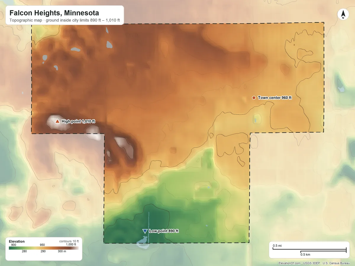 Topographic elevation map of Falcon Heights, Minnesota, shaded from 890 ft on the southwest side to 1,010 ft on the west side