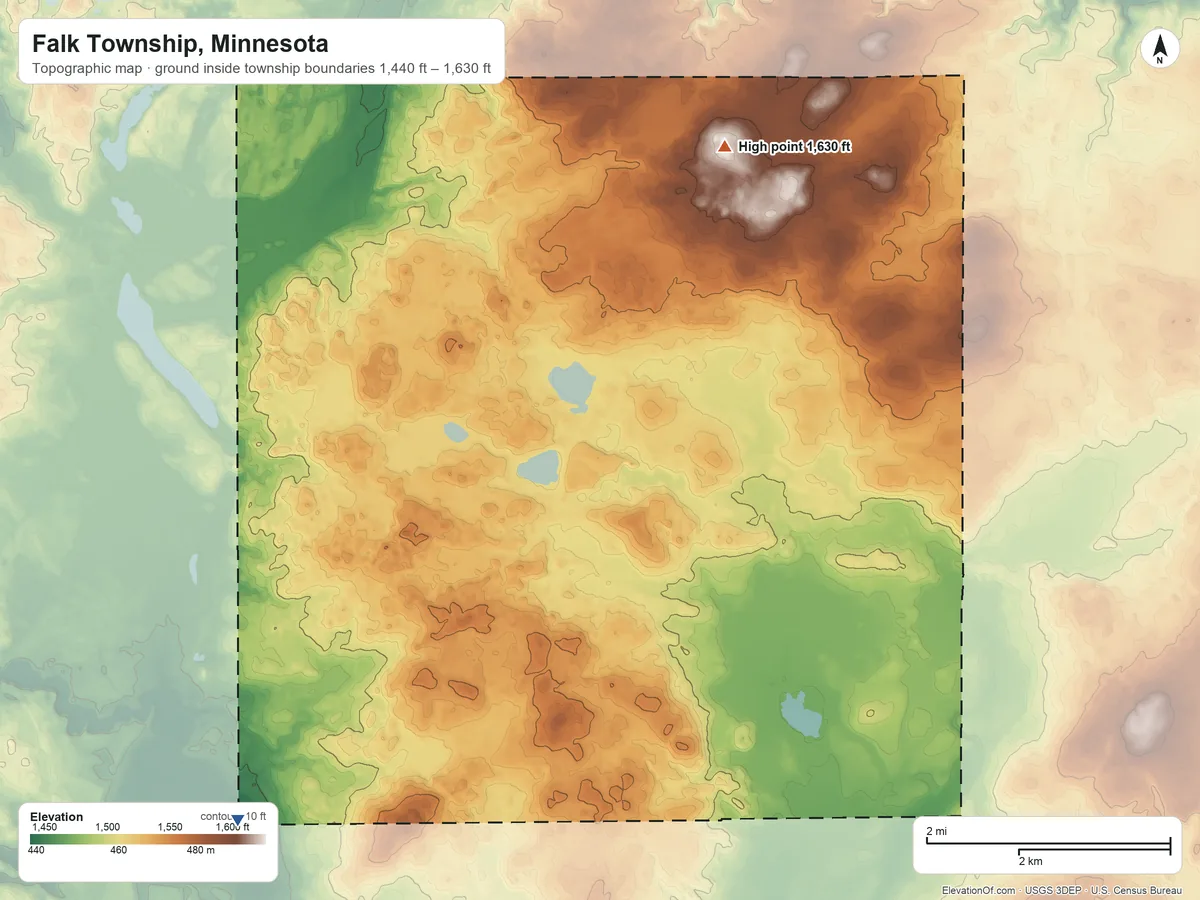 Topographic elevation map of Falk Township, Minnesota, shaded from 1,440 ft on the southwest side to 1,630 ft on the northeast side