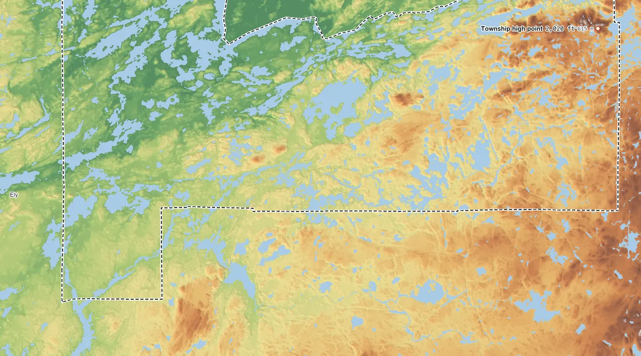 Topographic elevation map of Fall Lake Township, Minnesota, shaded from 1,250 ft on the north side to 2,020 ft on the east side