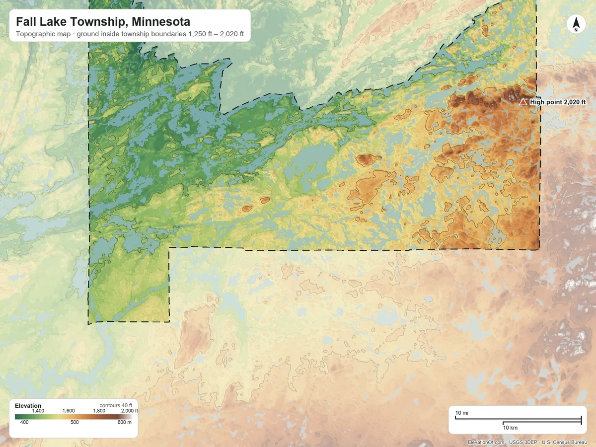 Topographic elevation map of Fall Lake Township, Minnesota, shaded from 1,250 ft on the north side to 2,020 ft on the east side