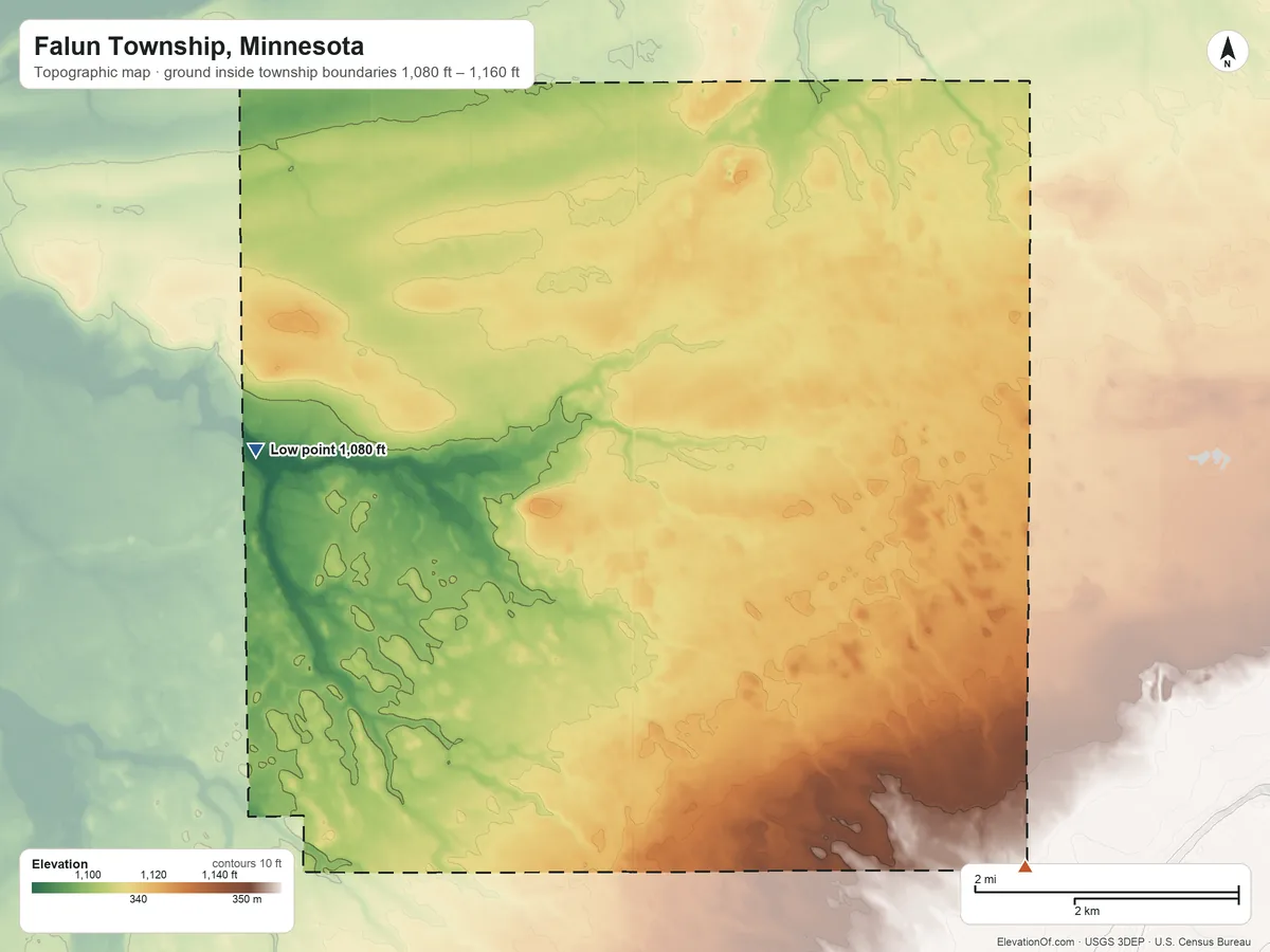 Topographic elevation map of Falun Township, Minnesota, shaded from 1,080 ft on the west side to 1,160 ft on the southeast side