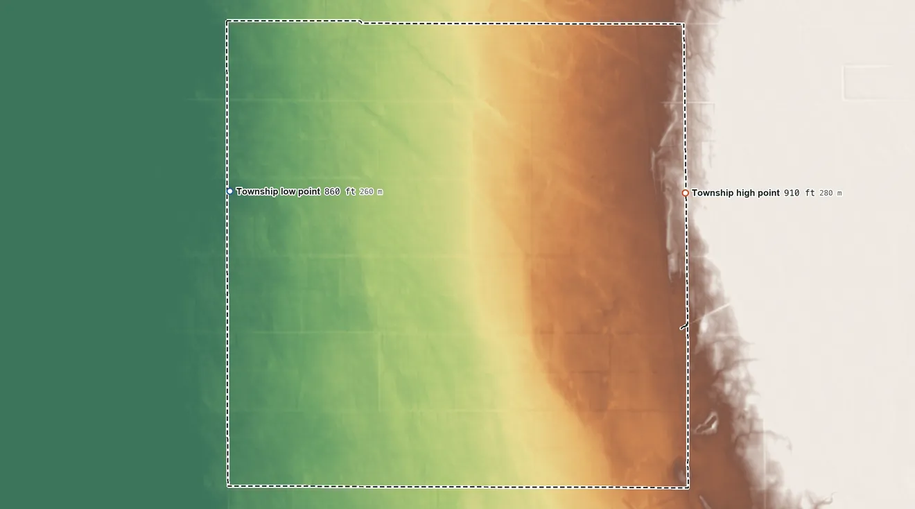 Topographic elevation map of Fanny Township, Minnesota, shaded from 860 ft on the west side to 910 ft on the east side