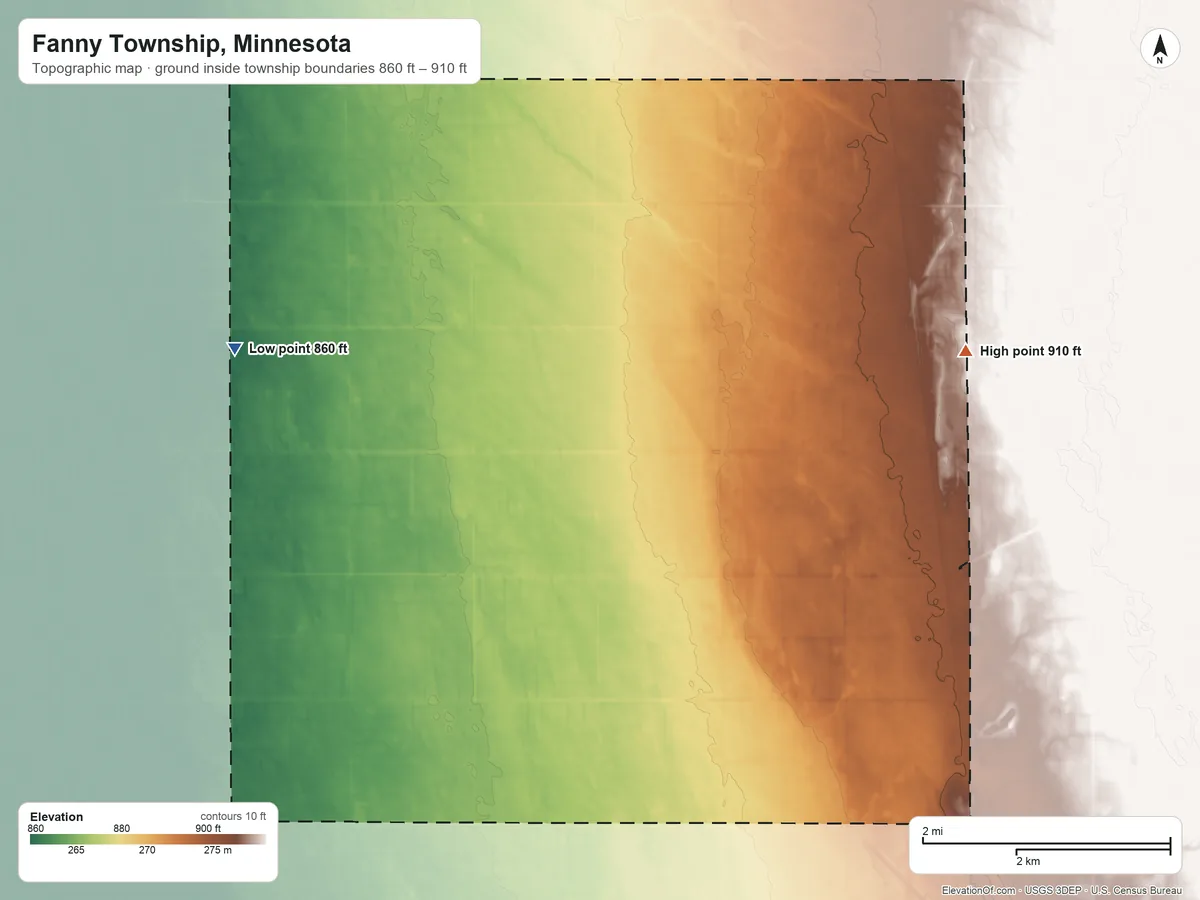 Topographic elevation map of Fanny Township, Minnesota, shaded from 860 ft on the west side to 910 ft on the east side