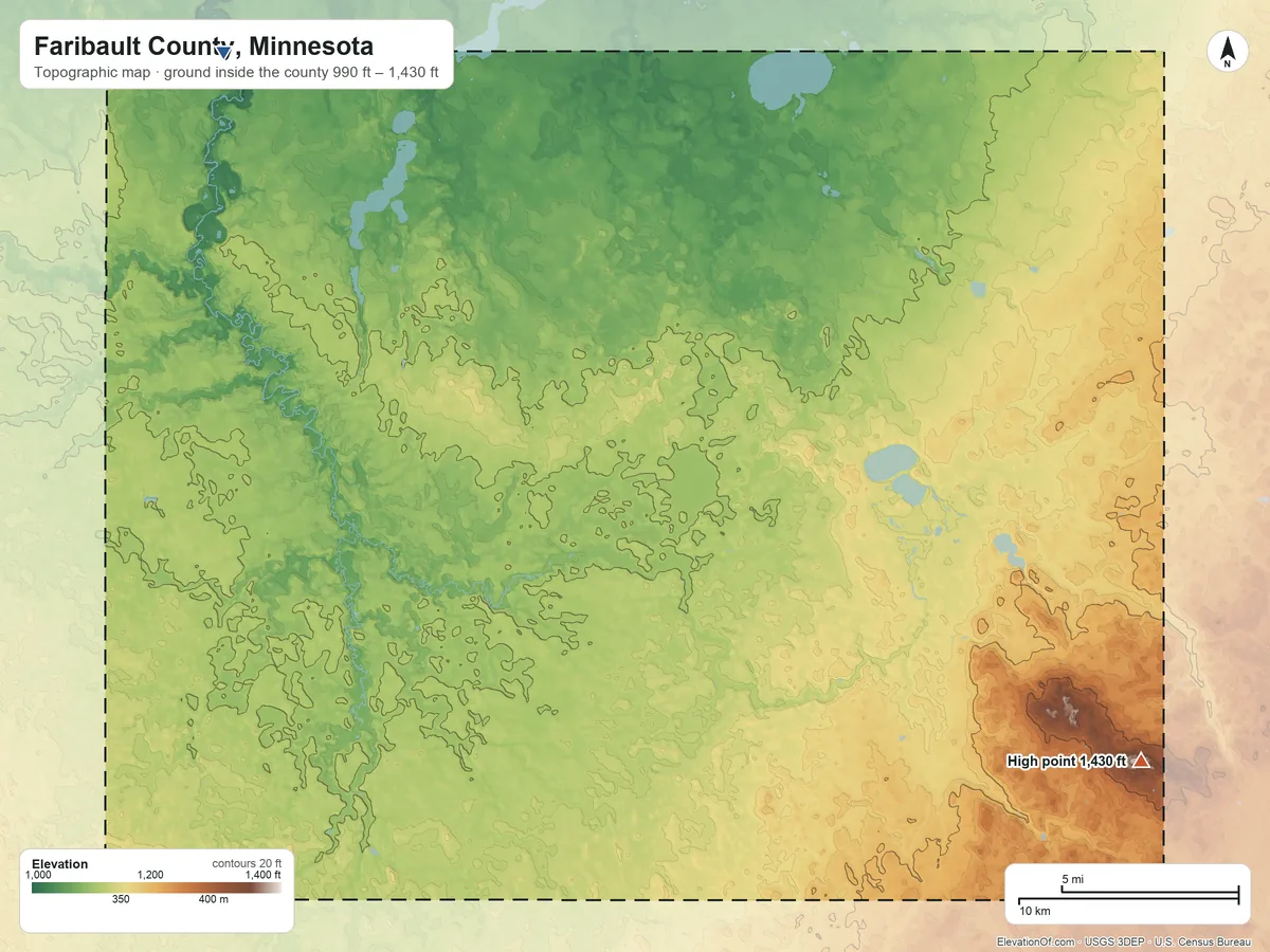 Topographic elevation map of Faribault County, Minnesota, shaded from 990 ft on the northwest side to 1,430 ft on the southeast side