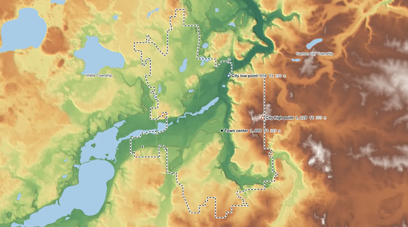 Topographic elevation map of Faribault, Minnesota, shaded from 950 ft on the north side to 1,220 ft on the east side