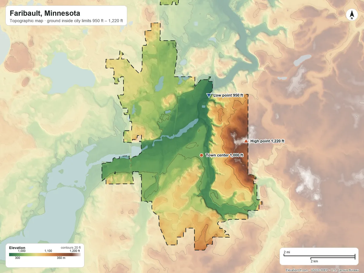 Topographic elevation map of Faribault, Minnesota, shaded from 950 ft on the north side to 1,220 ft on the east side