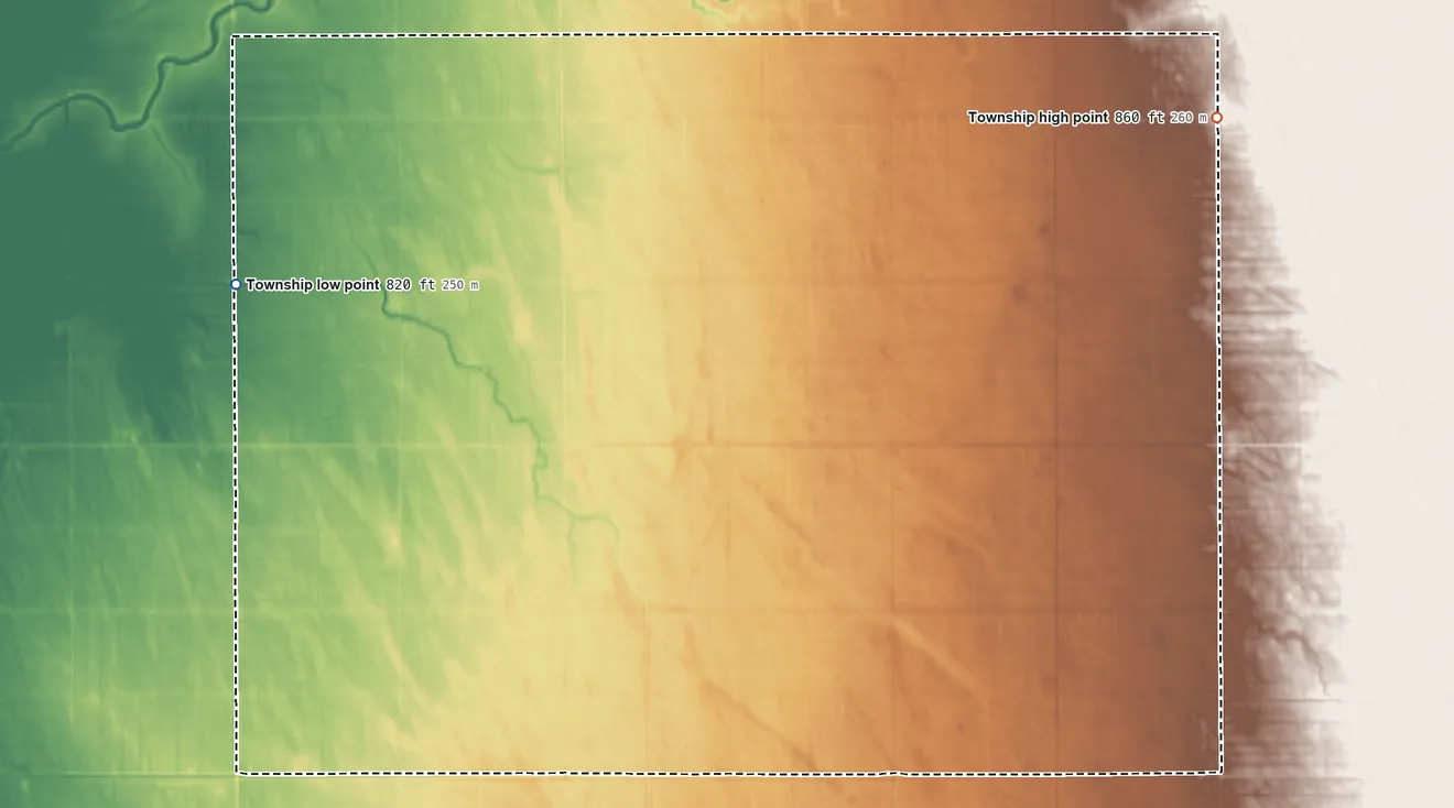 Topographic elevation map of Farley Township, Minnesota, shaded from 820 ft on the northwest side to 860 ft on the northeast side