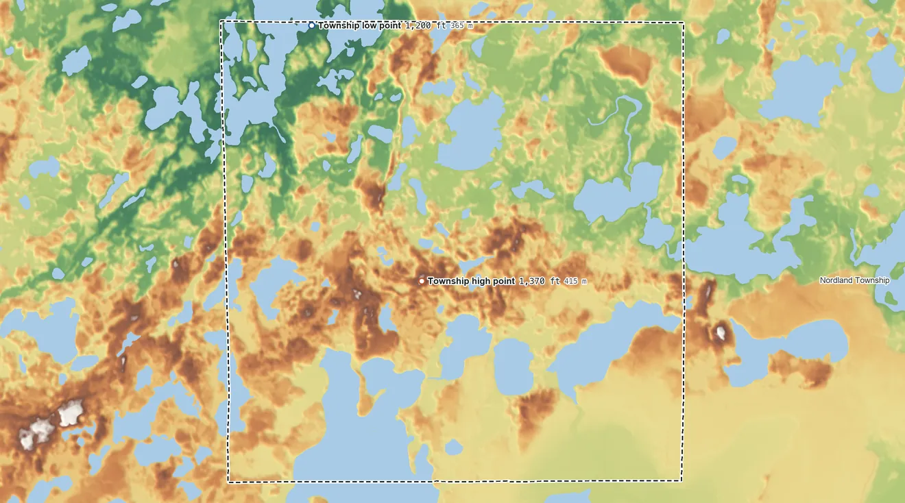 Topographic elevation map of Farm Island Township, Minnesota, shaded from 1,200 ft on the northwest side to 1,370 ft near the middle