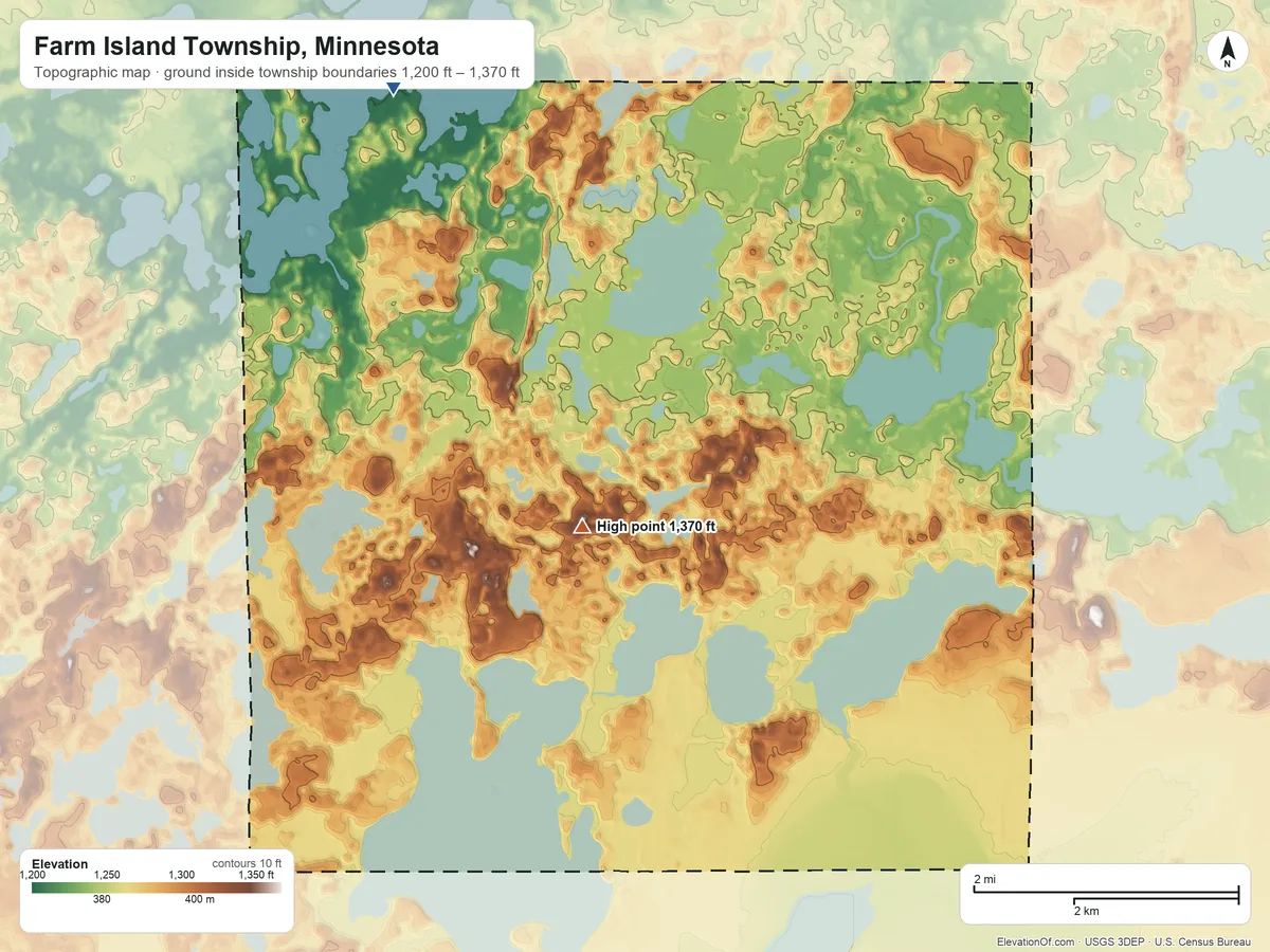 Topographic elevation map of Farm Island Township, Minnesota, shaded from 1,200 ft on the northwest side to 1,370 ft near the middle