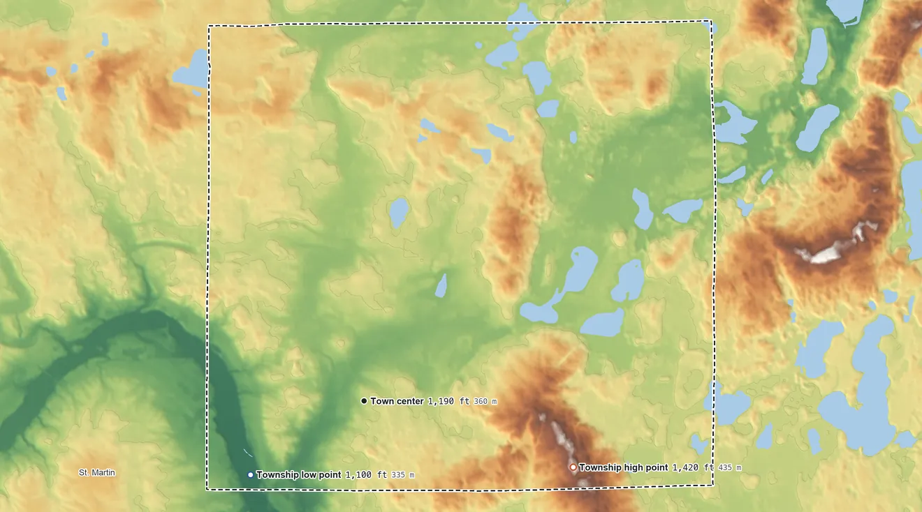 Topographic elevation map of Farming Township, Minnesota, shaded from 1,100 ft on the southwest side to 1,420 ft on the east side