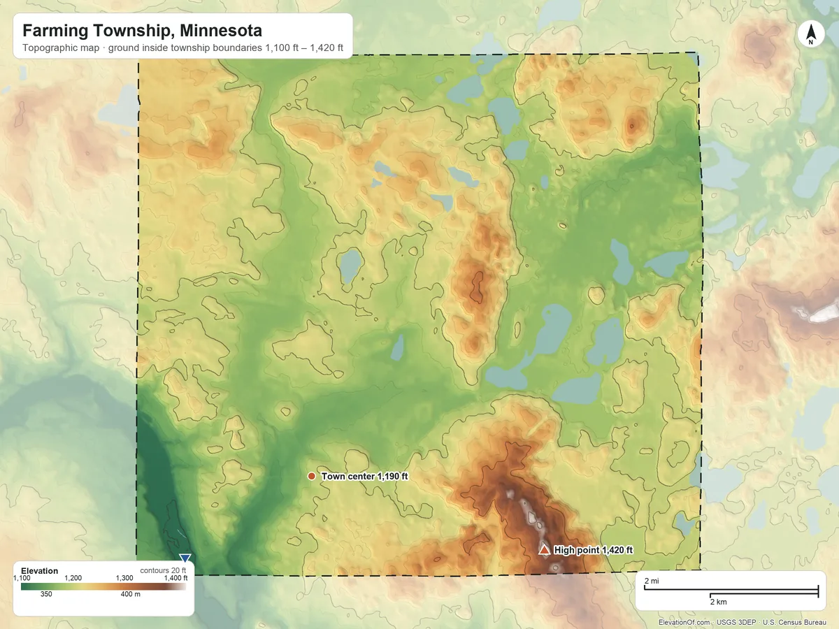 Topographic elevation map of Farming Township, Minnesota, shaded from 1,100 ft on the southwest side to 1,420 ft on the east side