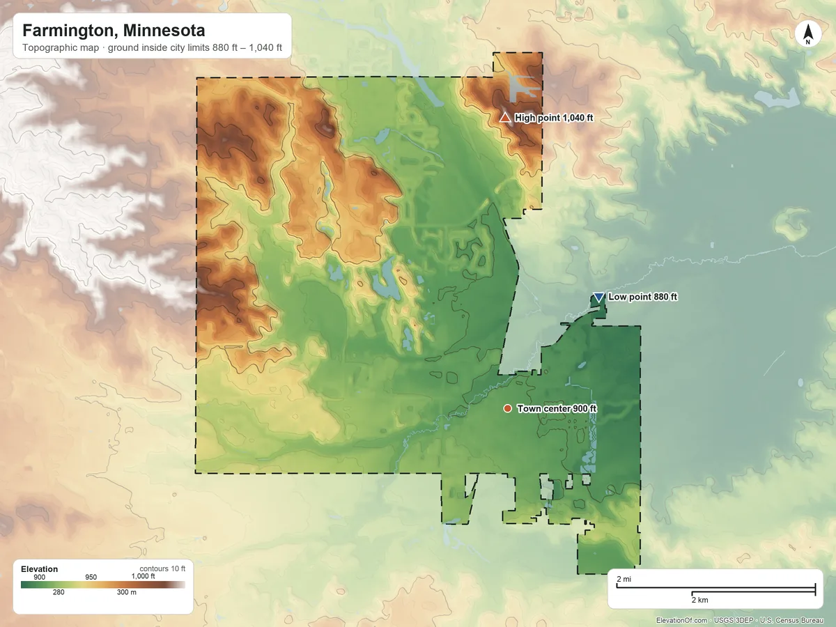 Topographic elevation map of Farmington, Minnesota, shaded from 880 ft on the northeast side to 1,040 ft on the north side