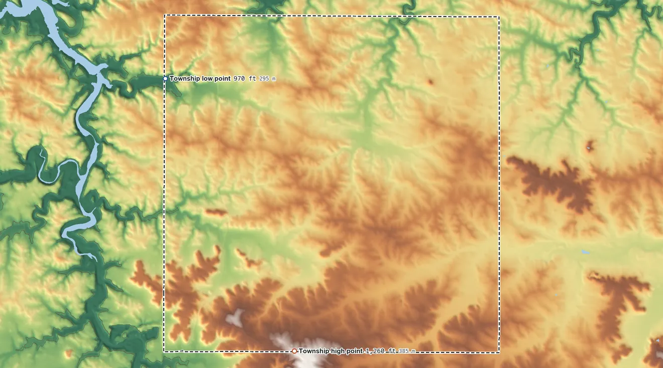 Topographic elevation map of Farmington Township, Minnesota, shaded from 970 ft on the northwest side to 1,260 ft on the south side
