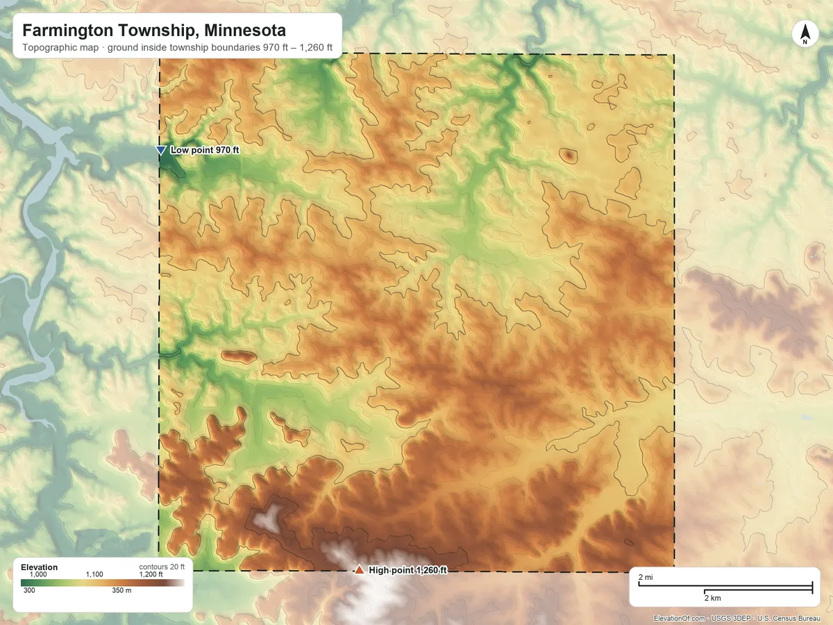 Topographic elevation map of Farmington Township, Minnesota, shaded from 970 ft on the northwest side to 1,260 ft on the south side
