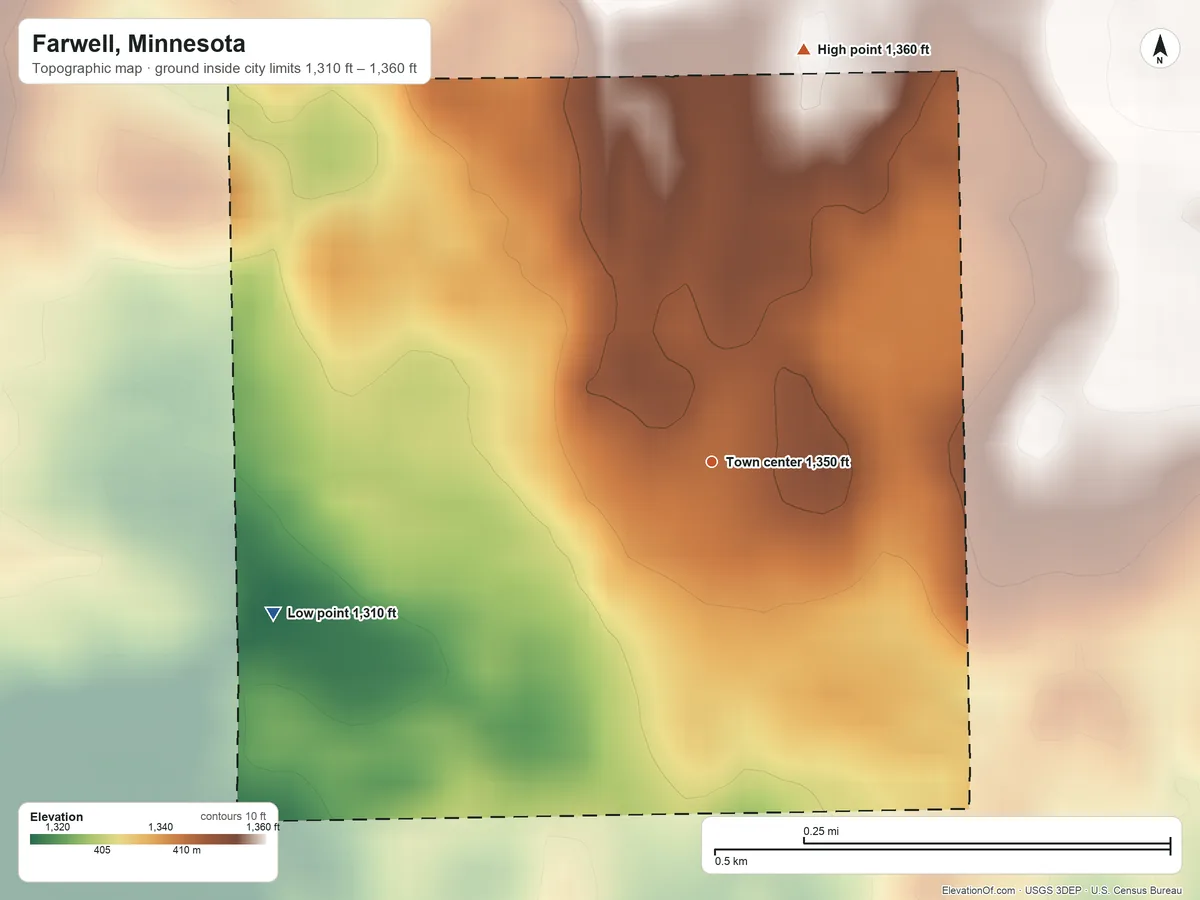 Topographic elevation map of Farwell, Minnesota, shaded from 1,310 ft on the west side to 1,360 ft on the north side